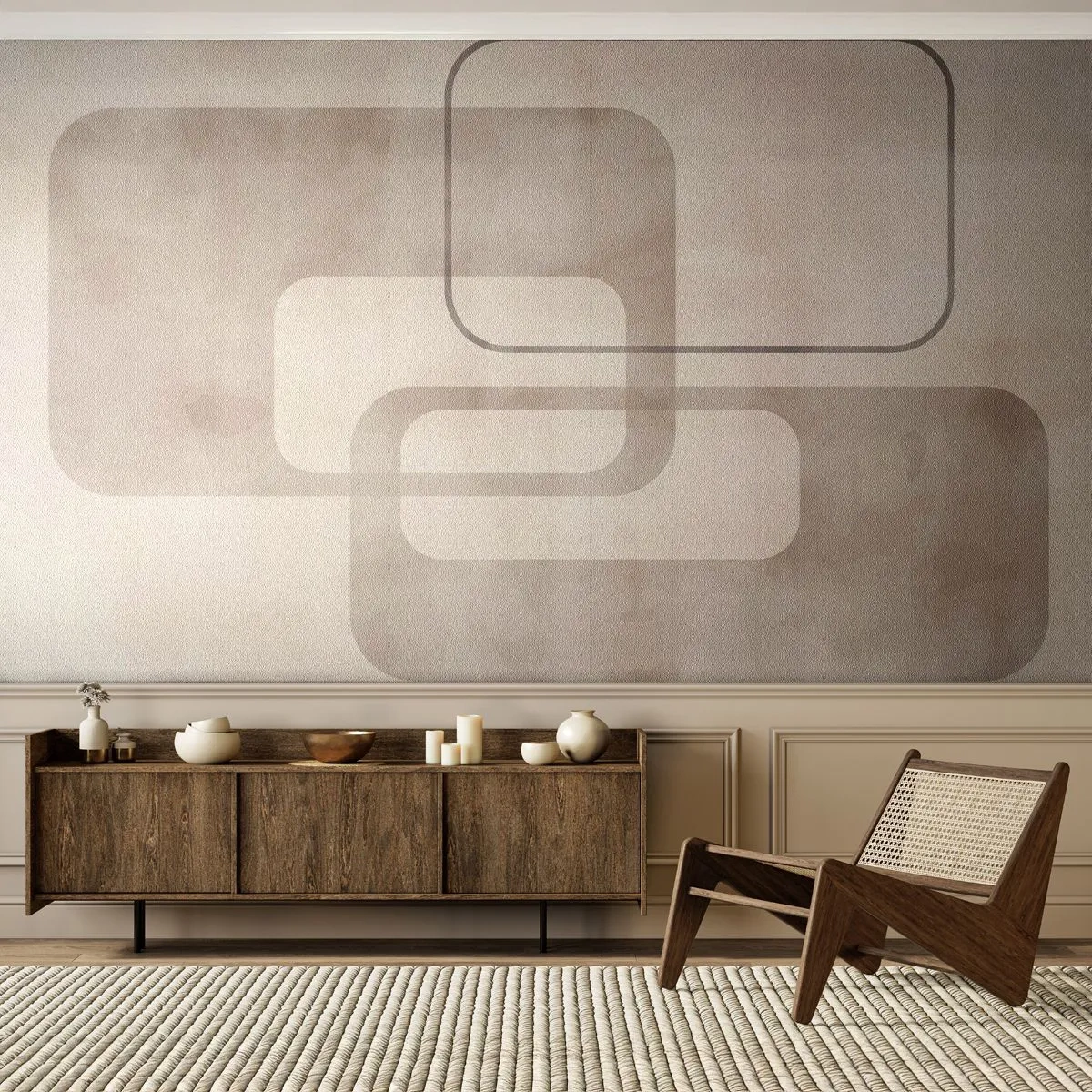 Fotomural Premium Sand - Formas geométricas beige sobre un fondo claro - 100x70cm - Fuga geométrica - Decoración de pared moderna para salón y dormitorio ARTTOR