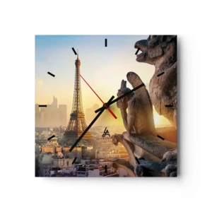 Reloj de pared - Reloj de vidrio - Vista de la Torre Eiffel con gárgolas al fondo - 30x30cm - Ha cambiado tanto la ciudad... - Decoración de pared moderna para salón y dormitorio ARTTOR