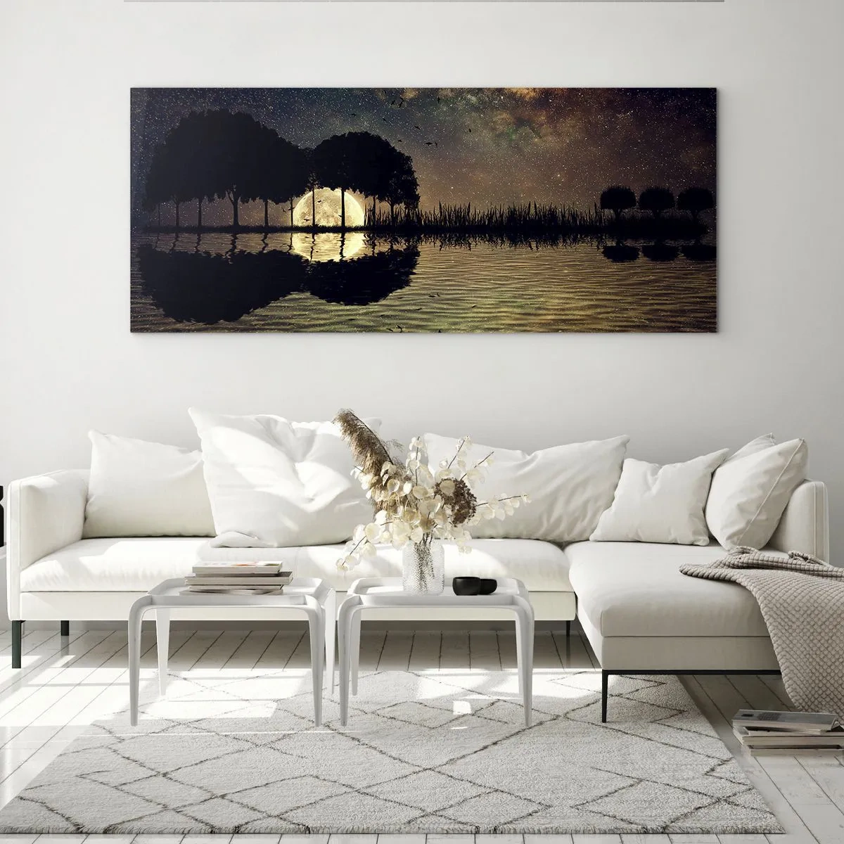 Cuadro sobre vidrio - Impresiones sobre Vidrio - Una noche mágica con árboles y la luna reflejada en el agua. - 120x50cm - Noche en el fin del mundo - Decoración de pared moderna para salón y dormitorio ARTTOR