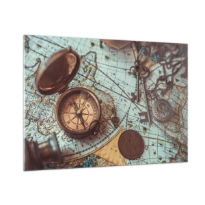 Cuadro sobre vidrio - Impresiones sobre Vidrio - Una brújula antigua sobre un fondo de mapa y llaves antiguas. - 100x70cm - Para el aventurero - Decoración de pared moderna para salón y dormitorio ARTTOR
