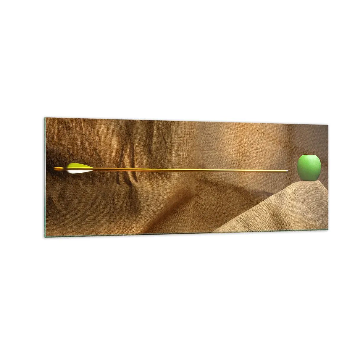 Cuadro sobre vidrio - Impresiones sobre Vidrio - Manzana verde sobre tela con una flecha creando una composición - 140x50cm - Evocar el espíritu de Wilhelm Tell - Decoración de pared moderna para salón y dormitorio ARTTOR