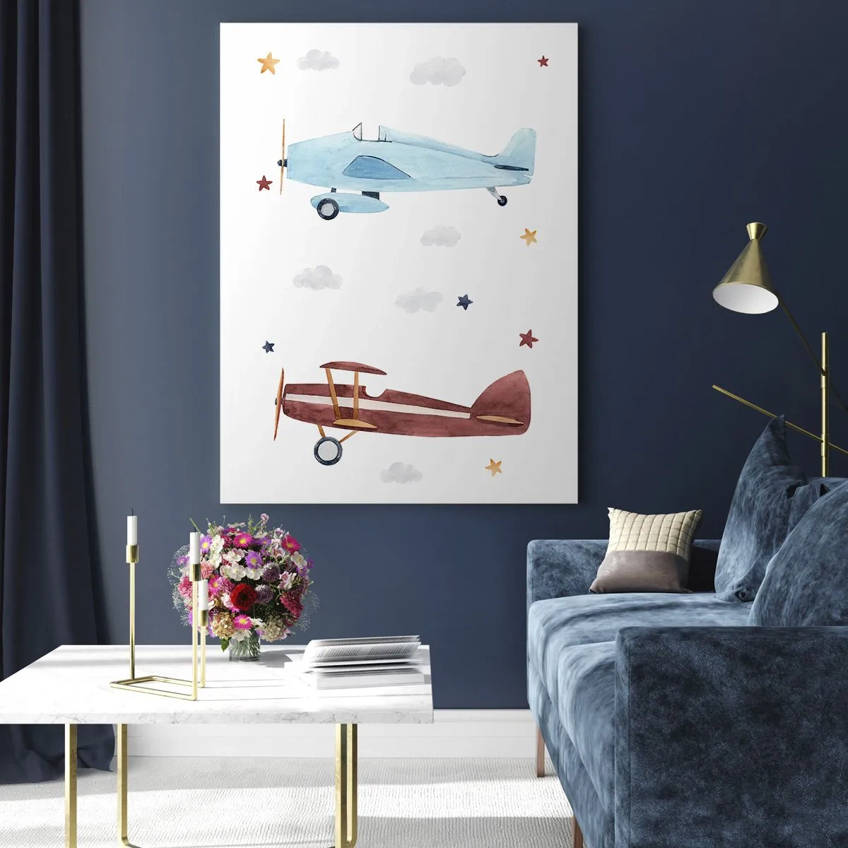 Cuadro sobre vidrio - Impresiones sobre Vidrio - Aviones pintados a mano sobre un fondo de nubes y estrellas. - 70x100cm - ¡Piloto, estamos esperando! - Decoración de pared moderna para salón y dormitorio ARTTOR