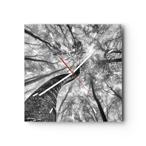 Reloj de pared - Reloj de vidrio - Perspectiva de árboles en un bosque vistos desde abajo en tonos de gris. - 30x30cm - Carrera hacia la luz - Decoración de pared moderna para salón y dormitorio ARTTOR