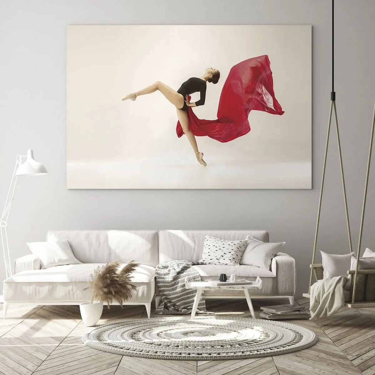 Cuadro sobre vidrio - Impresiones sobre Vidrio - Una bailarina en un salto dinámico con tela roja. - 70x50cm - Rojo y negro - Decoración de pared moderna para salón y dormitorio ARTTOR