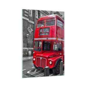 Cuadro sobre vidrio - Impresiones sobre Vidrio - Un autobús rojo de dos pisos en Londres con un fondo de arquitectura clásica. - 80x120cm - El mismo de siempre - Decoración de pared moderna para salón y dormitorio ARTTOR