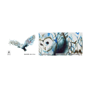 Muestra de fotomural Premium Sand - En las alas del bosque - Abstracción, Búho, Pájaro - 100x30 cm