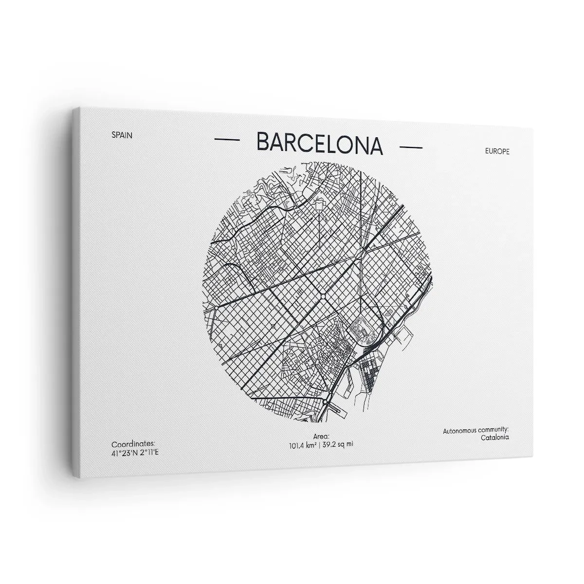 Cuadro sobre lienzo - Impresión de Imagen - Un mapa de Barcelona en estilo minimalista en blanco y negro - 70x50cm - Anatomía de Barcelona - Decoración de pared moderna para salón y dormitorio ARTTOR