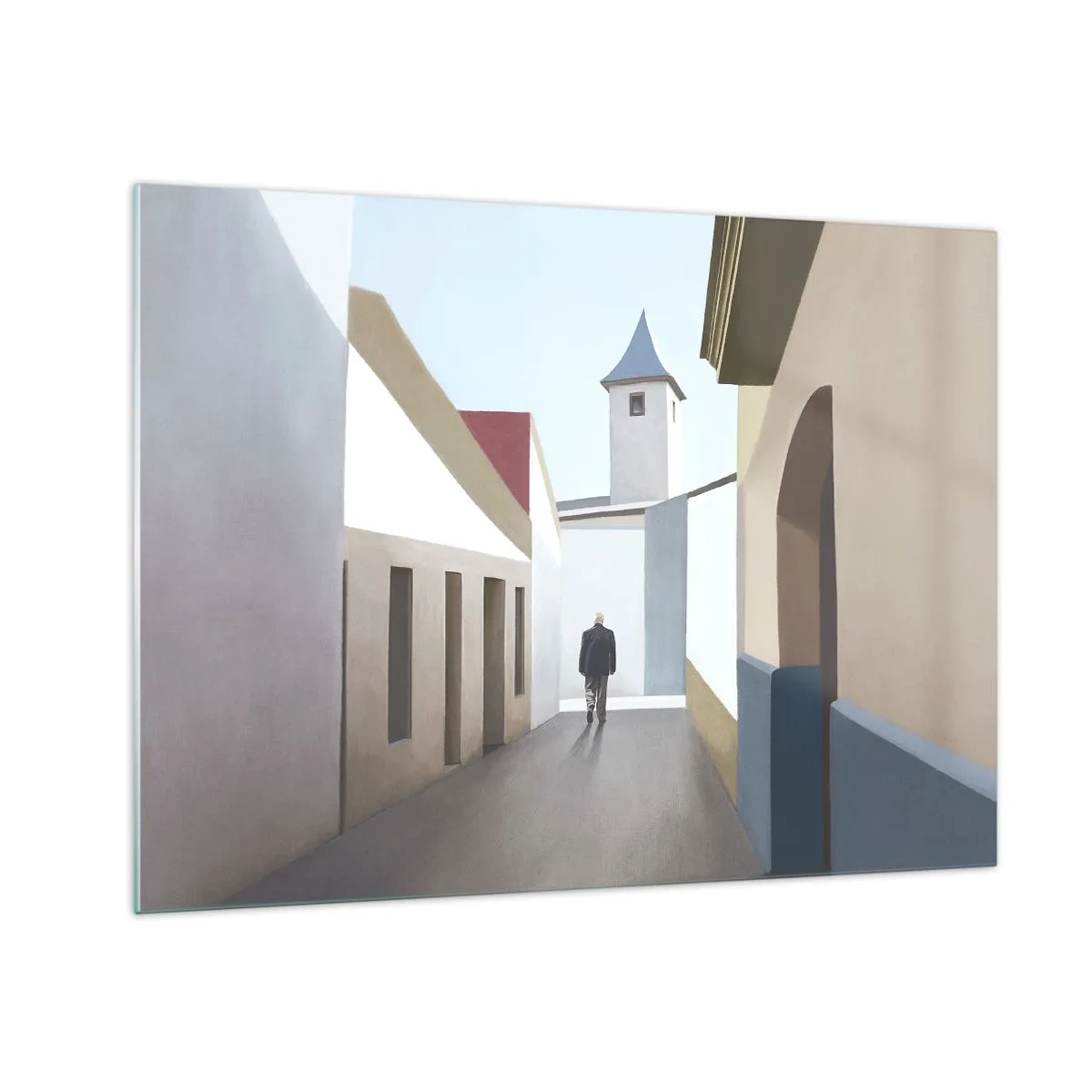 Cuadro sobre vidrio - Impresiones sobre Vidrio - Una calle al sol con una figura caminando en la distancia. - 70x50cm - Paseo soleado - Decoración de pared moderna para salón y dormitorio ARTTOR