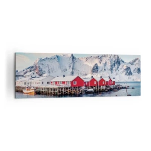 Cuadro sobre lienzo - Impresión de Imagen - Casas rojas con el telón de fondo de montañas nevadas y el mar azul. - 160x50cm - Un retiro en el norte - Decoración de pared moderna para salón y dormitorio ARTTOR