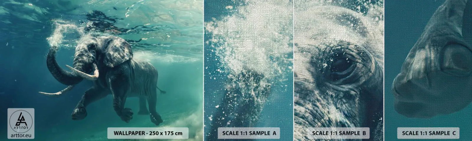 Muestra de fotomural Premium Canvas - A todos nos gusta nadar - Abstracción, Elefante, Pedazo - 100x30 cm