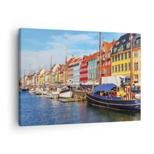 Cuadro sobre lienzo - Impresión de Imagen - Casas coloridas en el canal con barcos al sol - 70x50cm - Muelle alegre - Decoración de pared moderna para salón y dormitorio ARTTOR