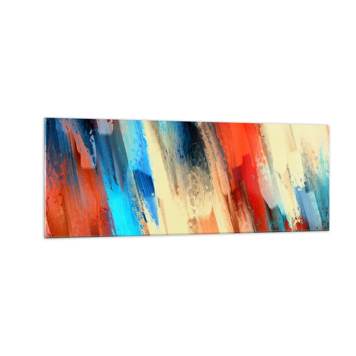 Cuadro sobre vidrio - Impresiones sobre Vidrio - Pincelada abstracta en tonos azules y naranjas - 140x50cm - Una cascada de colores - Decoración de pared moderna para salón y dormitorio ARTTOR