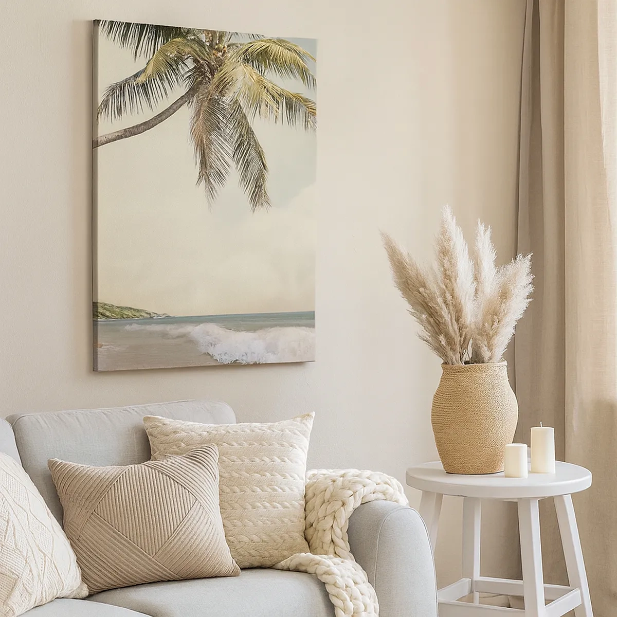 Cuadro sobre lienzo - Impresión de Imagen - Una playa con palmeras con el mar en calma como telón de fondo. - 50x70cm - Sueño tropical - Decoración de pared moderna para salón y dormitorio ARTTOR