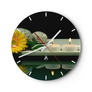 Reloj de pared - Reloj de vidrio - Piedras, velas y una flor sobre fondo negro. - 30x30cm - Calmar los sentidos - Decoración de pared moderna para salón, cocina y dormitorio ARTTOR