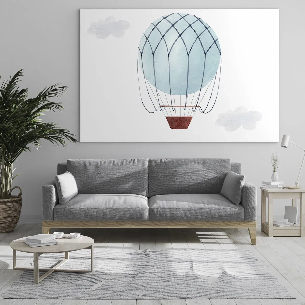 Cuadro sobre vidrio - Impresiones sobre Vidrio - Globo aerostático azul en las nubes - 120x80cm - Acariciando las nubes - Decoración de pared moderna para salón y dormitorio ARTTOR