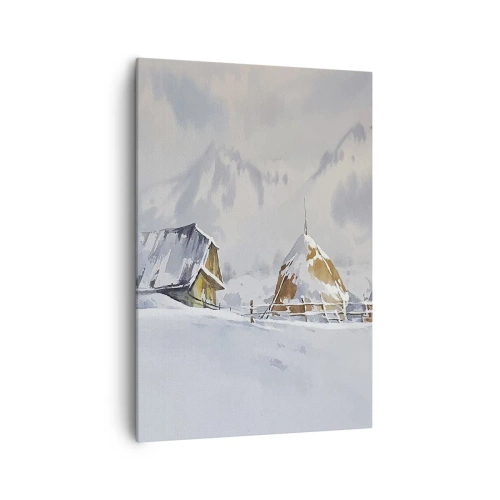 Cuadro sobre lienzo - Impresión de Imagen - Paisaje invernal con una cabaña y pajares en las montañas - 70x100cm - En un valle nevado - Decoración de pared moderna para salón y dormitorio ARTTOR