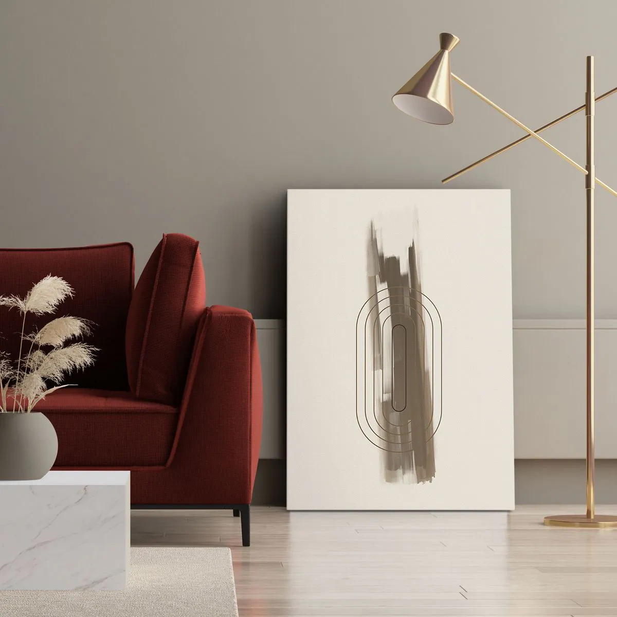 Cuadro sobre lienzo - Impresión de Imagen - Una composición minimalista en tonos beige y gris con un patrón geométrico. - 50x70cm - Un soplo de gris - Decoración de pared moderna para salón y dormitorio ARTTOR