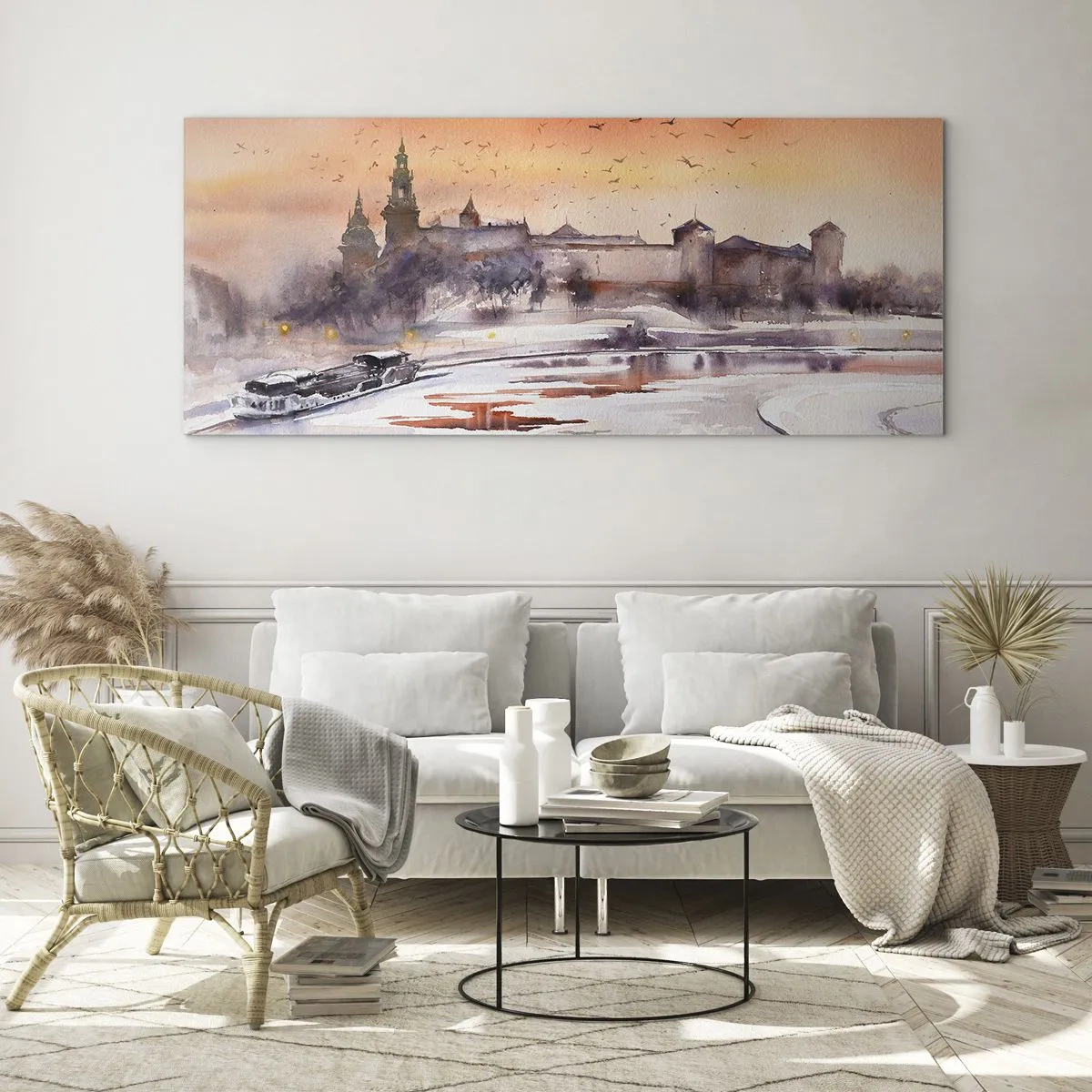 Cuadro sobre vidrio - Impresiones sobre Vidrio - Puesta de sol sobre el castillo en un paisaje invernal - 120x50cm - Atardecer real - Decoración de pared moderna para salón y dormitorio ARTTOR