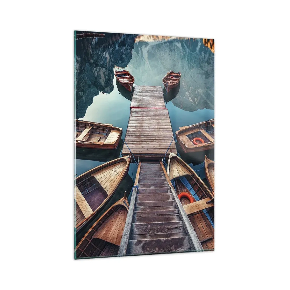 Cuadro sobre vidrio - Impresiones sobre Vidrio - Barcos de madera en un muelle en un lago de montaña - 80x120cm - Esperando en el muelle - Decoración de pared moderna para salón y dormitorio ARTTOR