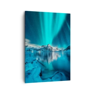 Cuadro sobre lienzo - Impresión de Imagen - Aurora boreal sobre montañas nevadas y un lago - 50x70cm - Una noche de luz - Decoración de pared moderna para salón y dormitorio ARTTOR