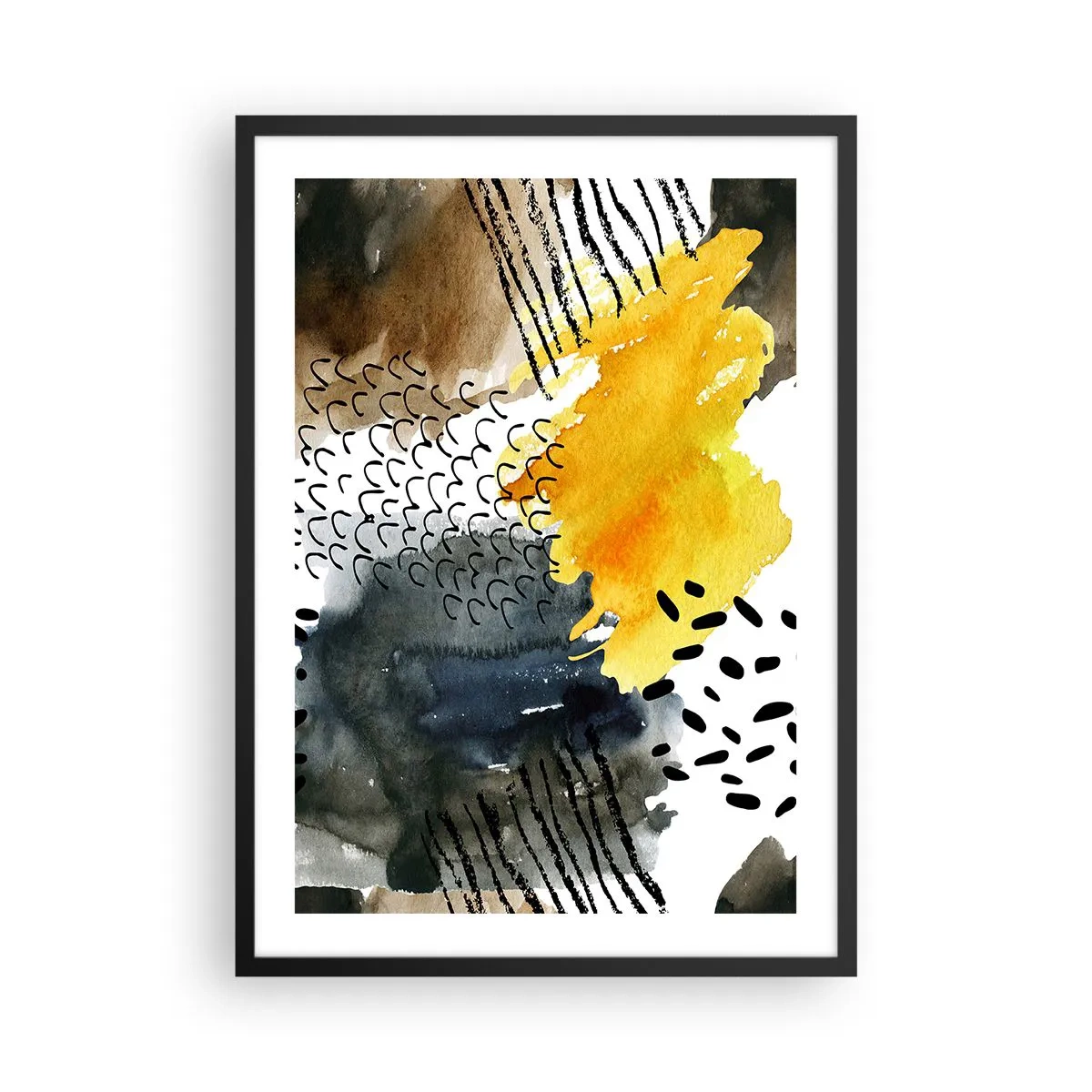 Póster en marco negro - Composición abstracta en tonos amarillo y negro. - 50x70cm - Reunión de los elementos - Decoración de pared moderna para salón y dormitorio ARTTOR