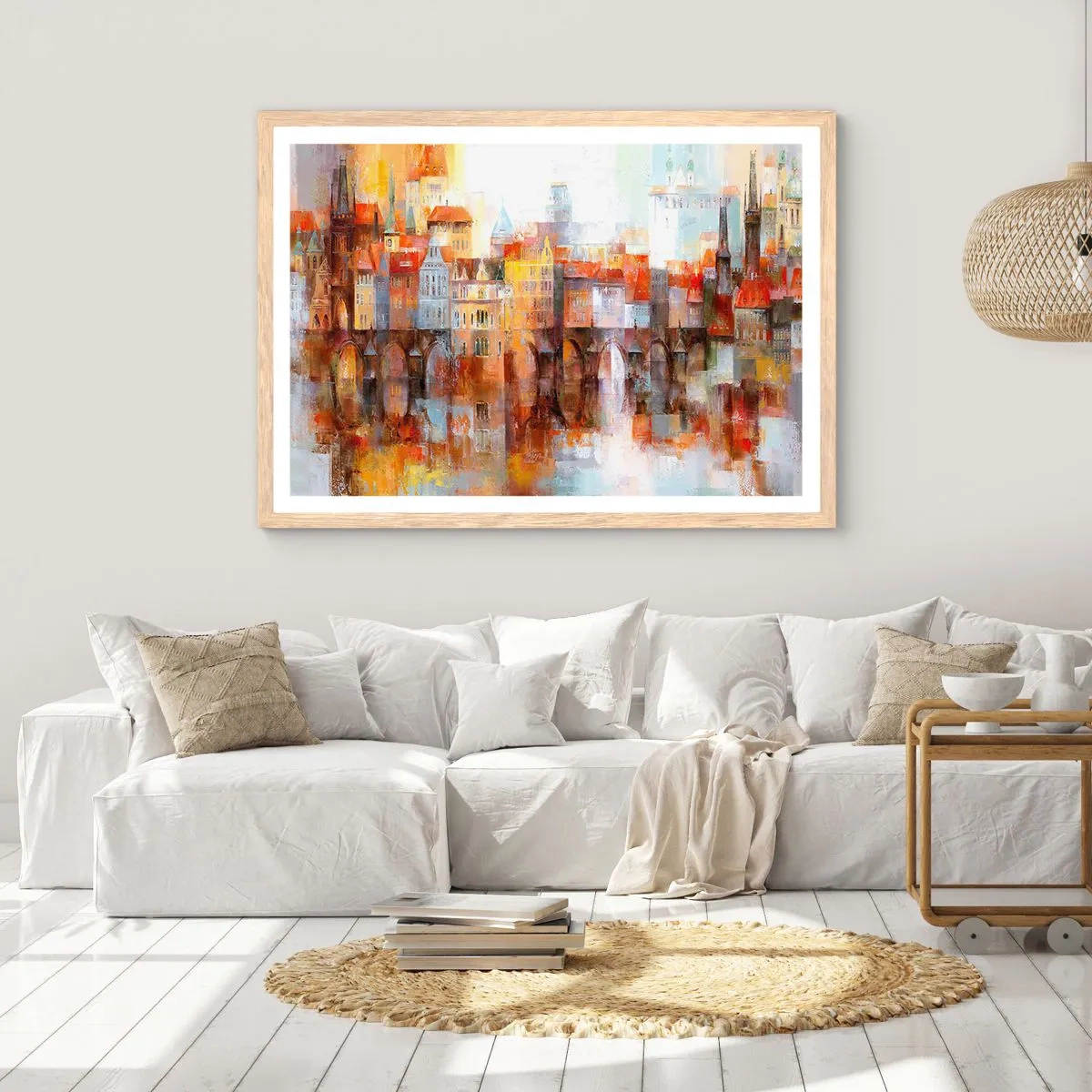 Póster en marco roble claro - Puente y ciudad - 50x40 cm