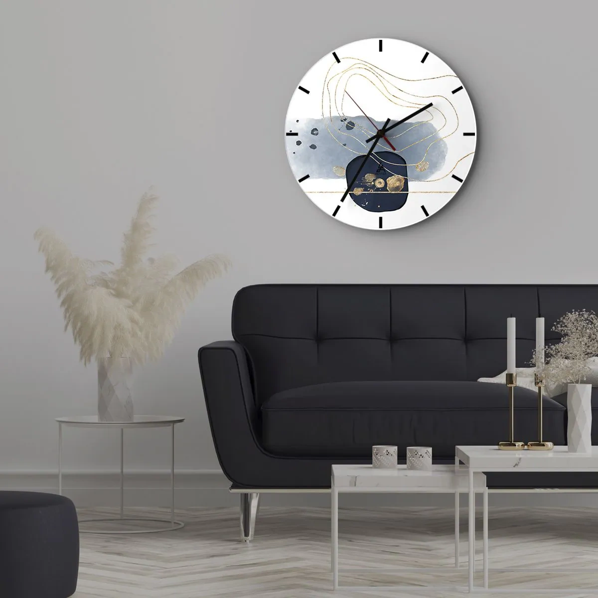 Reloj de pared - Reloj de vidrio - Composición abstracta en tonos azules y dorados. - 30x30cm - Fantasía azul y oro - Decoración de pared moderna para salón, cocina y dormitorio ARTTOR