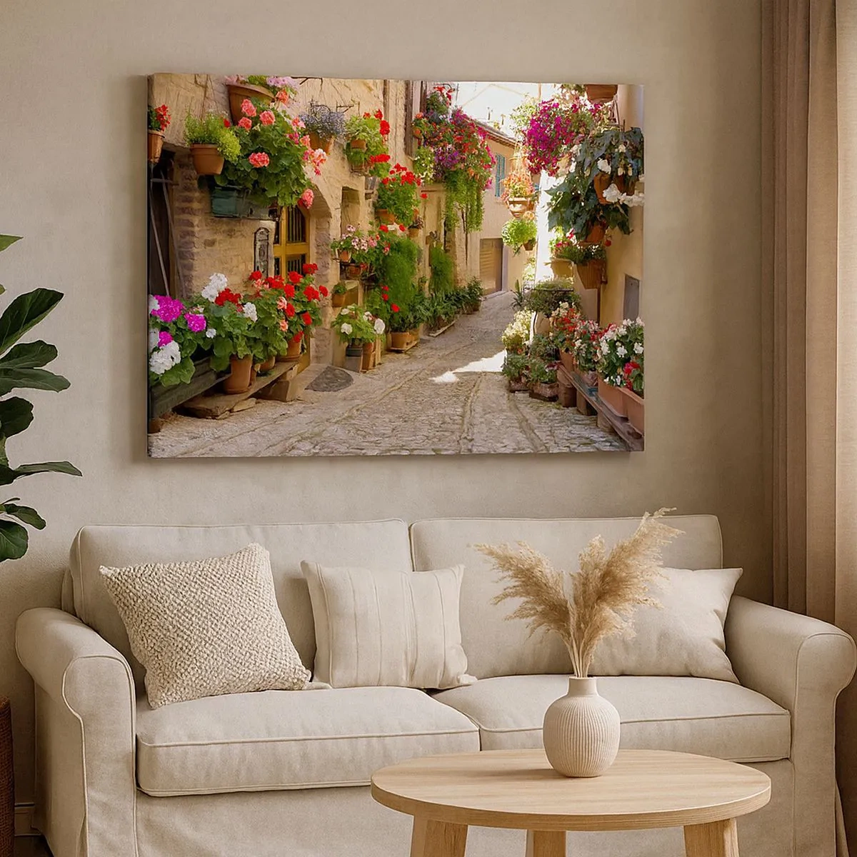 Cuadro sobre lienzo - Impresión de Imagen - Una calle con flores en macetas y muros de piedra. - 70x50cm - En un torrente de flores - Decoración de pared moderna para salón y dormitorio ARTTOR