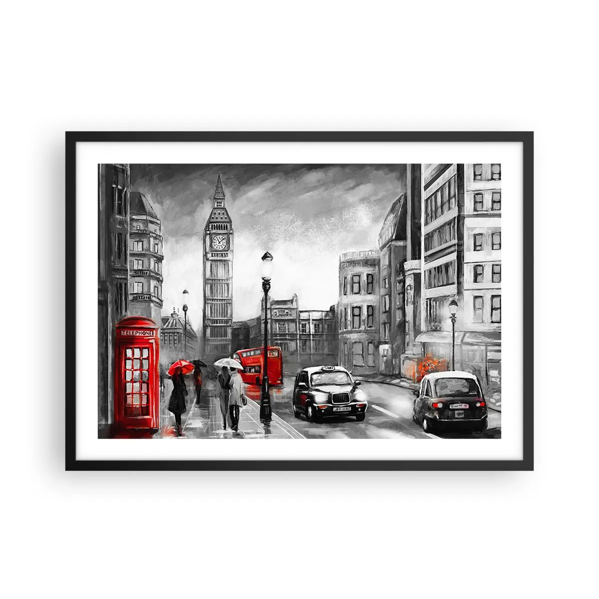 Póster en marco negro - Una escena de Londres en blanco y negro con acentos rojos. - 70x50cm - No tan gris como la pintan - Decoración de pared moderna para salón y dormitorio ARTTOR