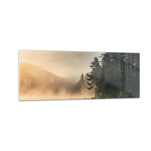 Cuadro sobre vidrio - Impresiones sobre Vidrio - Un bosque brumoso sobre un lago tranquilo. - 140x50cm - El nacimiento de un día - Decoración de pared moderna para salón y dormitorio ARTTOR
