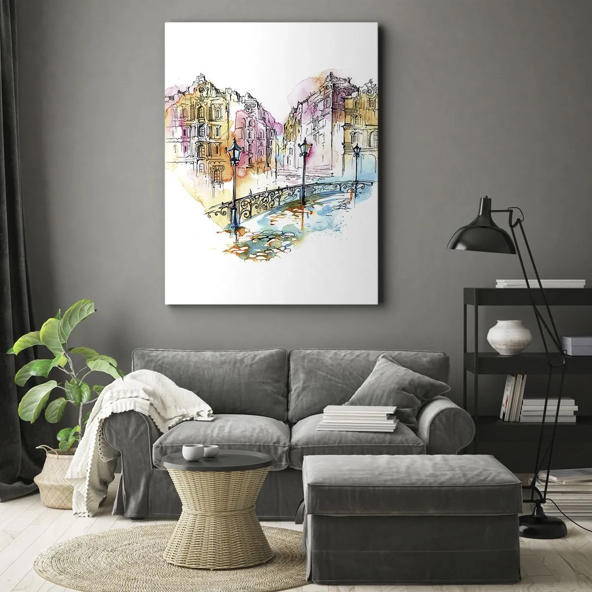Cuadro sobre lienzo - Impresión de Imagen - Acuarela de un puente y casas de vecindad en forma de corazón - 70x100cm - El corazón de la ciudad - Decoración de pared moderna para salón y dormitorio ARTTOR