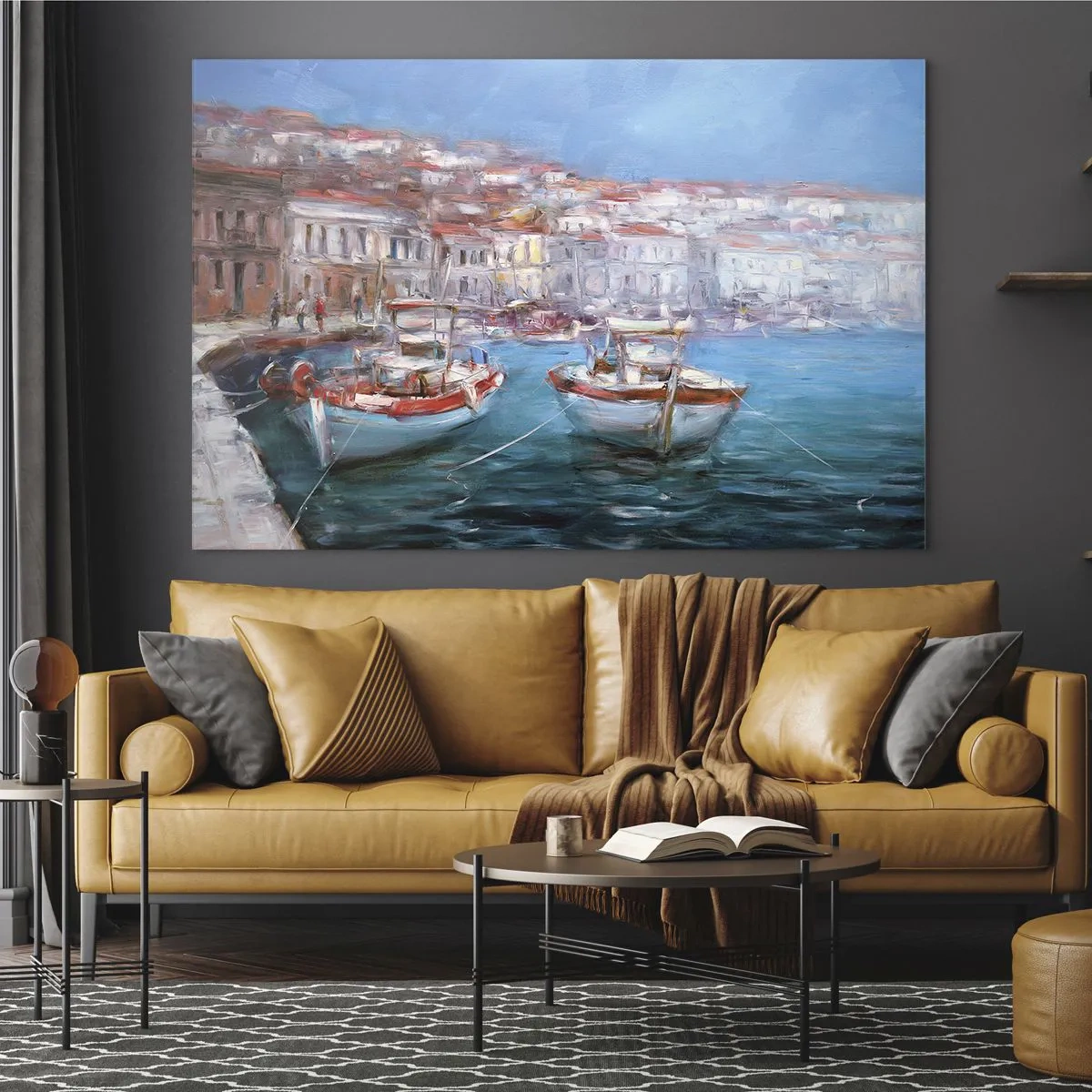 Cuadro sobre vidrio - Impresiones sobre Vidrio - Puerto pesquero con barcos con edificios italianos como telón de fondo y un cielo azul. - 70x50cm - Bahía italiana - Decoración de pared moderna para salón y dormitorio ARTTOR