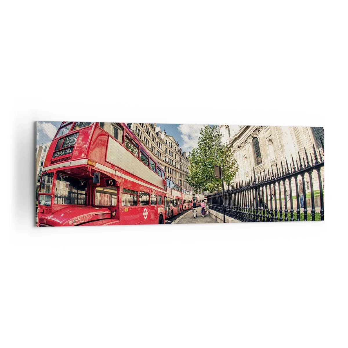 Cuadro sobre lienzo - Impresión de Imagen - Autobús rojo de dos pisos en Londres, cerca de la calle y la catedral. - 160x50cm - Una calle de Londres en gris y rojo - Decoración de pared moderna para salón y dormitorio ARTTOR
