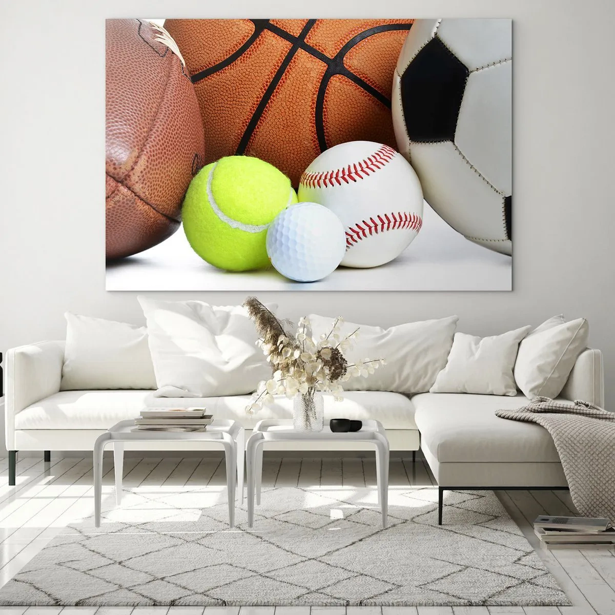 Cuadro sobre vidrio - Impresiones sobre Vidrio - Un conjunto de pelotas deportivas sobre un fondo blanco. - 70x50cm - Unidos por el deporte - Decoración de pared moderna para salón y dormitorio ARTTOR