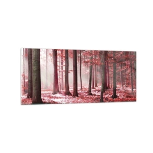 Cuadro sobre vidrio - Impresiones sobre Vidrio - Un impresionante bosque en tonos rojos con rayos de luz que penetran a través de los árboles. - 120x50cm - Rojo como el que más - Decoración de pared moderna para salón y dormitorio ARTTOR