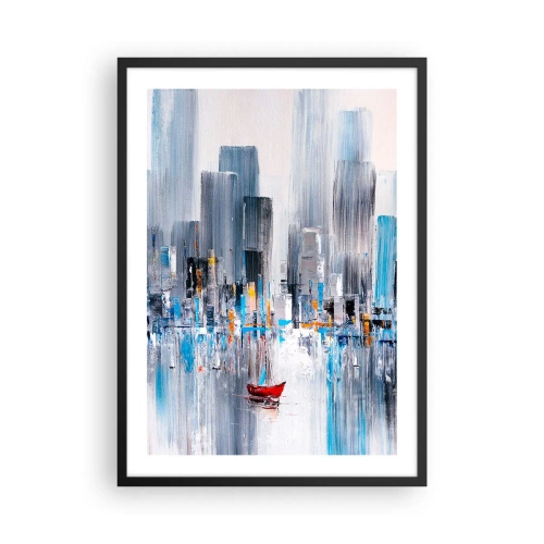 Póster en marco negro - Una pintura abstracta que representa el horizonte de una ciudad sobre el agua con un barco rojo. - 50x70cm - Metrópolis junto a la bahía - Decoración de pared moderna para salón y dormitorio ARTTOR