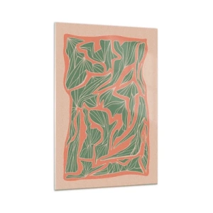 Cuadro sobre vidrio - Impresiones sobre Vidrio - Un patrón de plantas en tonos verdes y naranjas. - 70x100cm - Lucha entre el coral y el verde - Decoración de pared moderna para salón y dormitorio ARTTOR