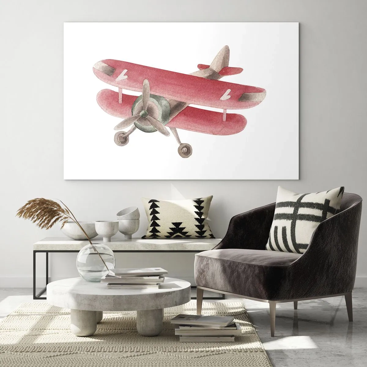 Cuadro sobre vidrio - Impresiones sobre Vidrio - Biplano de estilo retro en tonos rojos. - 70x50cm - Listo para surcar los cielos - Decoración de pared moderna para salón y dormitorio ARTTOR