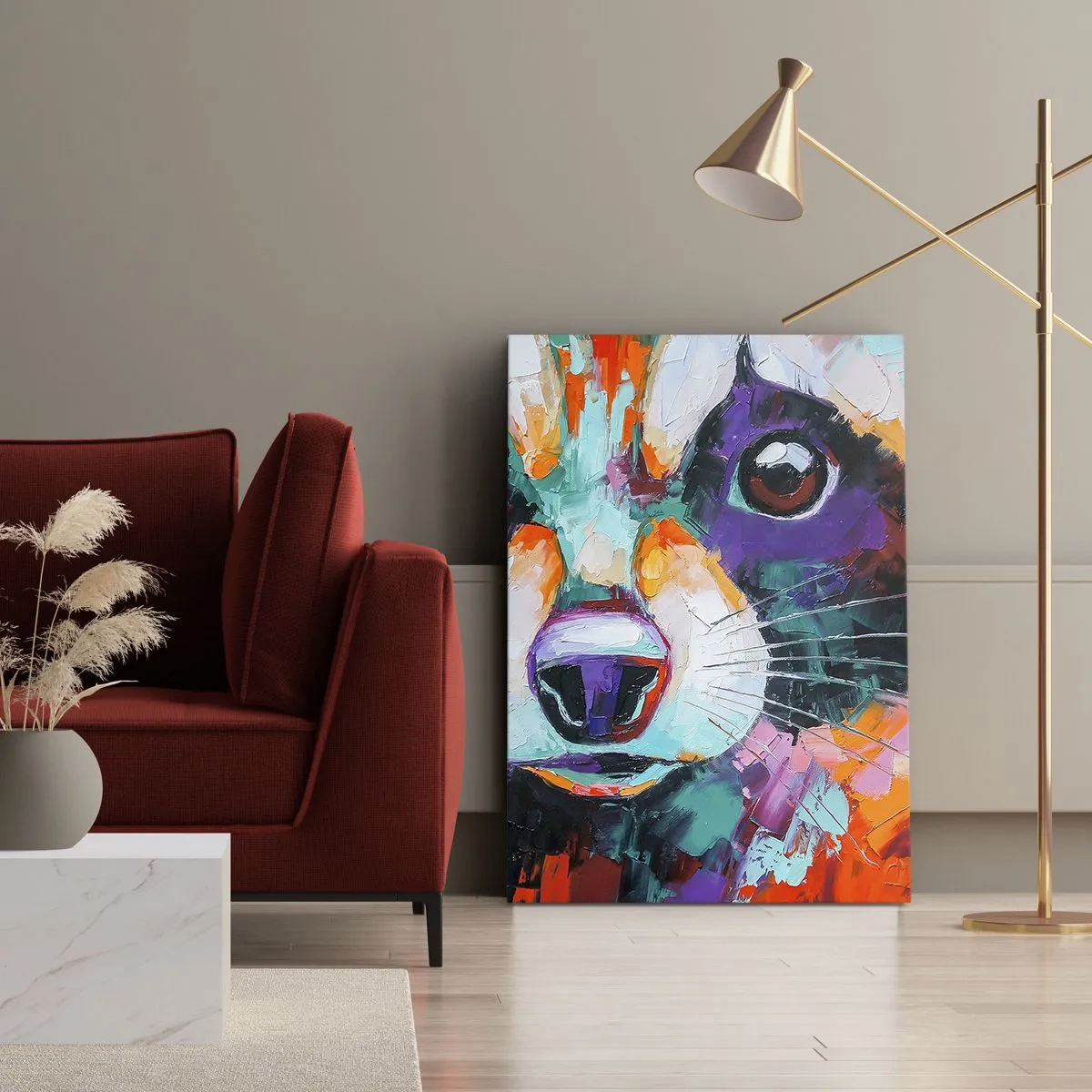 Cuadro sobre lienzo - Impresión de Imagen - Un retrato colorido de un mapache en el estilo de pintura expresiva. - 80x120cm - Solo buenas emociones - Decoración de pared moderna para salón y dormitorio ARTTOR