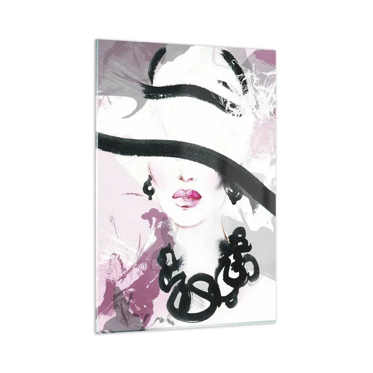 Cuadro sobre vidrio - Impresiones sobre Vidrio - Una mujer elegante con sombrero sobre un fondo de abstracciones rosas. - 80x120cm - Retrato de una dama en negro y rosa - Decoración de pared moderna para salón y dormitorio ARTTOR