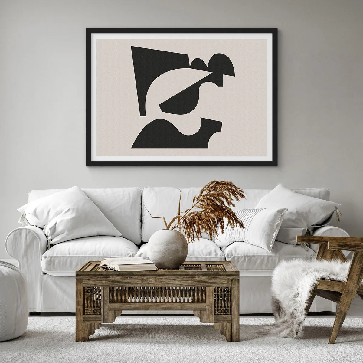Póster en marco negro - Composición geométrica abstracta en blanco y negro - 70x50cm - Para automontaje - Decoración de pared moderna para salón y dormitorio ARTTOR