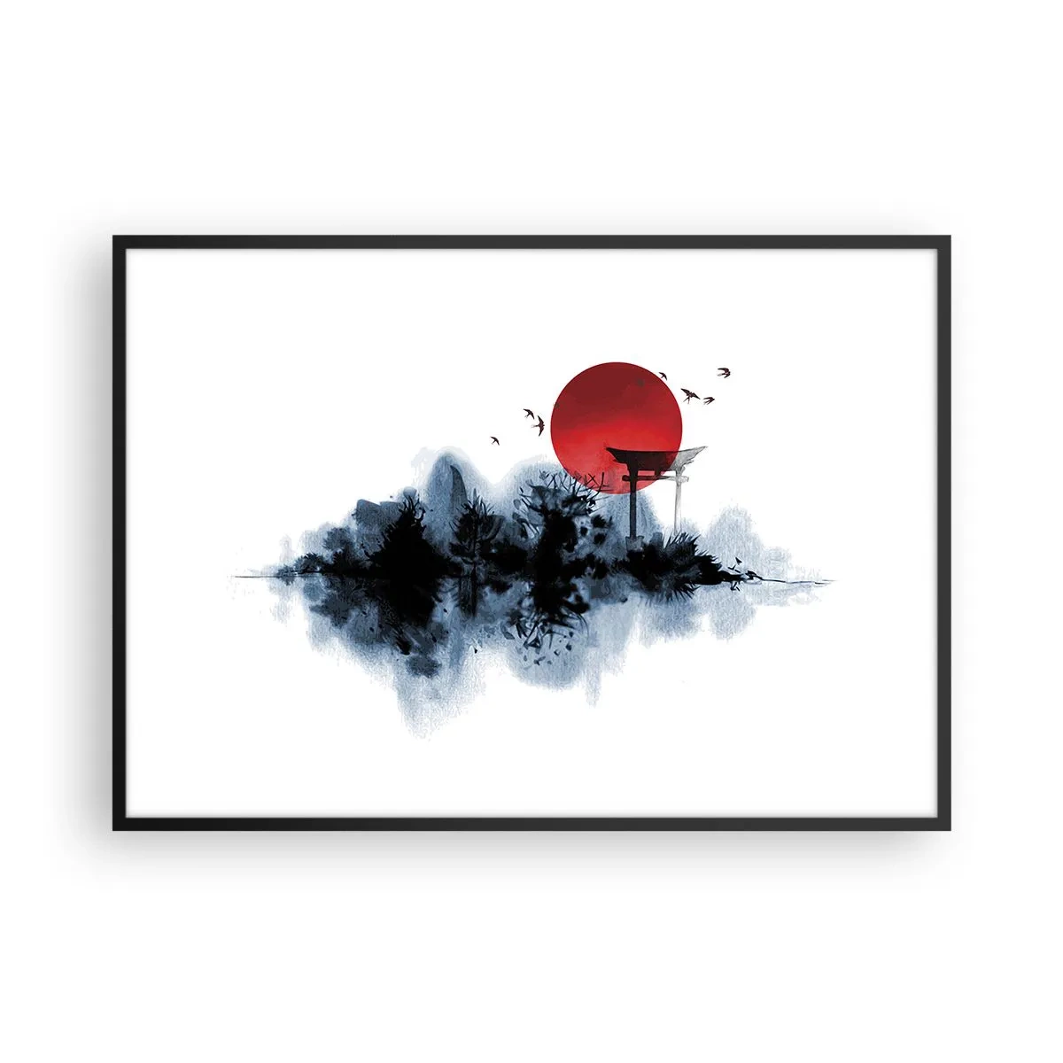 Póster en marco negro - Sol rojo sobre un paisaje pintoresco con torii - 100x70cm - Visión japonesa - Decoración de pared moderna para salón y dormitorio ARTTOR