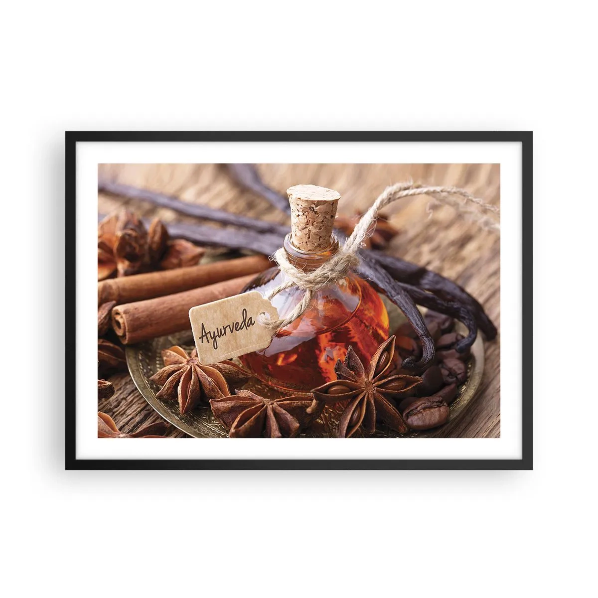 Póster en marco negro - Una botella de aceite de especias en una bandeja. - 70x50cm - Hacia la unidad del cuerpo y el espíritu - Decoración de pared moderna para salón y dormitorio ARTTOR