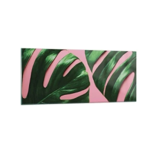 Cuadro sobre vidrio - Impresiones sobre Vidrio - Hojas de monstera verde sobre un fondo rosa - 120x50cm - Cita con el verde - Decoración de pared moderna para salón y dormitorio ARTTOR
