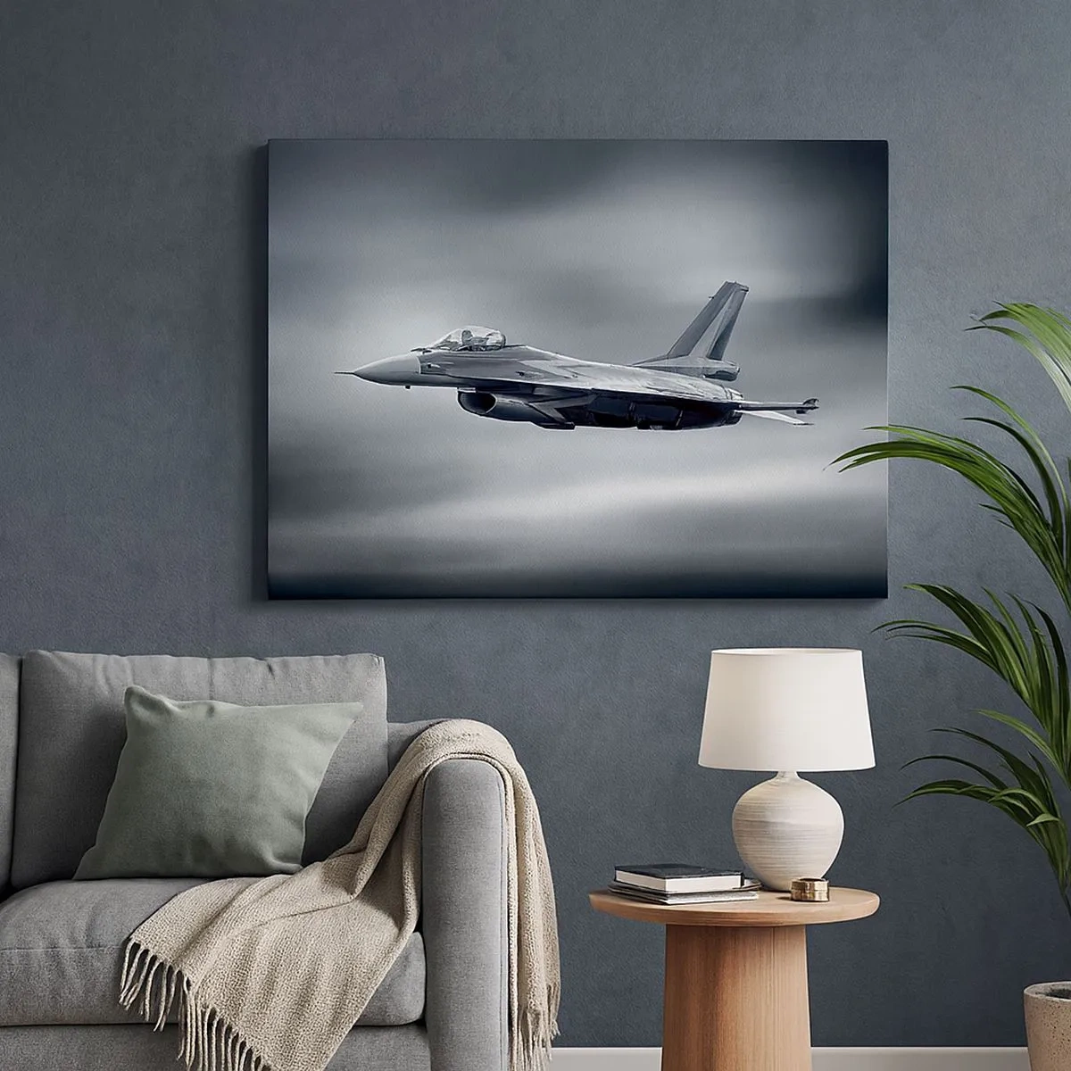 Cuadro sobre lienzo - Impresión de Imagen - Un avión de combate en vuelo contra un cielo nublado. - 70x50cm - ¿Quieres un reto? - Decoración de pared moderna para salón y dormitorio ARTTOR