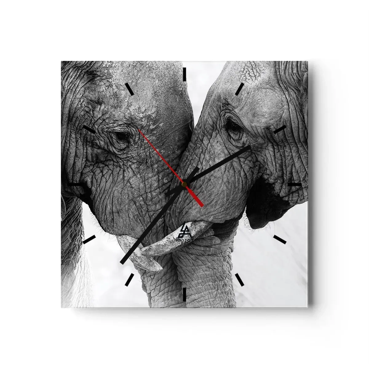 Reloj de pared - Reloj de vidrio - Dos elefantes en un gesto tierno sobre un fondo monocromático. - 30x30cm - Una confesión sincera - Decoración de pared moderna para salón y dormitorio ARTTOR