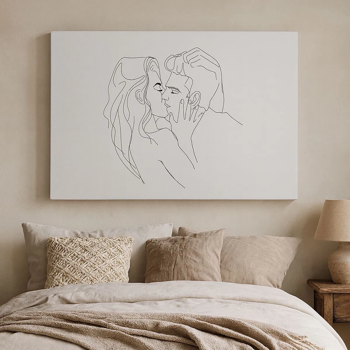 Cuadro sobre lienzo - Impresión de Imagen - El contorno de una pareja besándose sobre un fondo claro. - 70x50cm - Alineados - Decoración de pared moderna para salón y dormitorio ARTTOR