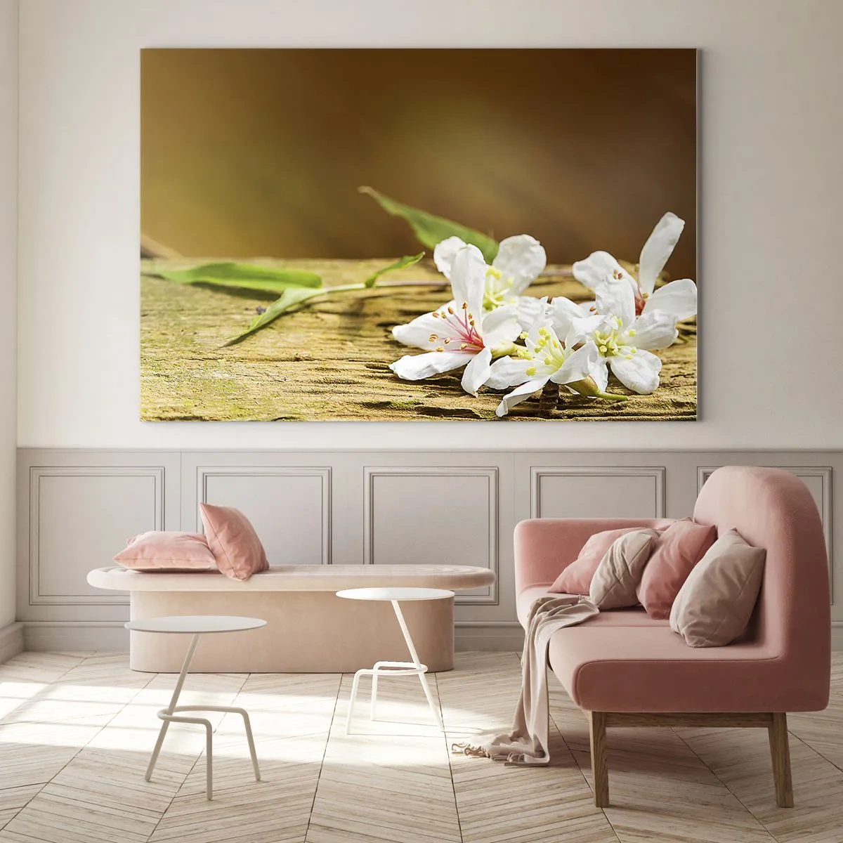 Cuadro sobre vidrio - Impresiones sobre Vidrio - Flores blancas sobre un fondo de madera con luz cálida. - 70x50cm - Una promesa inocente - Decoración de pared moderna para salón y dormitorio ARTTOR