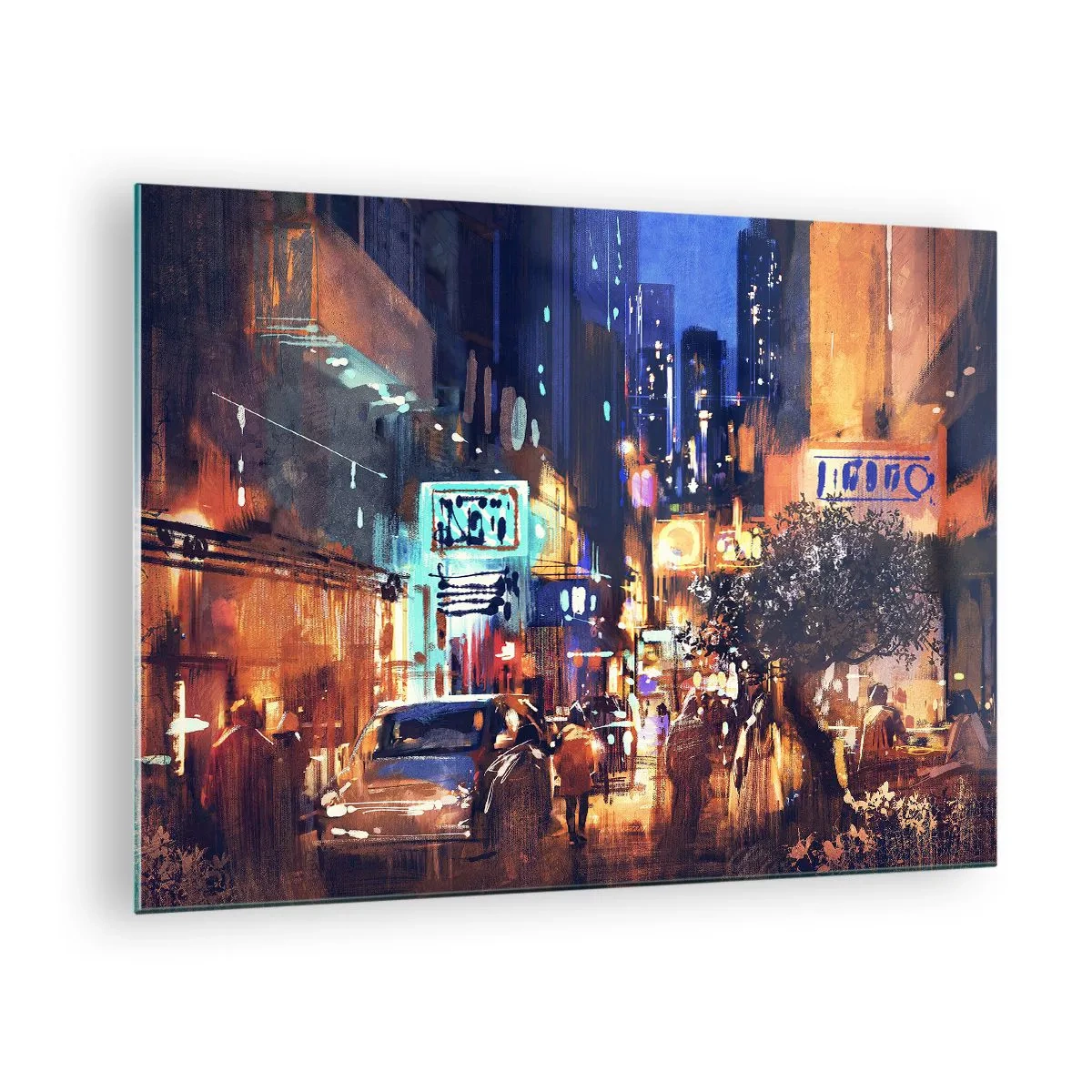 Cuadro sobre vidrio - Impresiones sobre Vidrio - Pintoresca escena nocturna de la ciudad con luces de neón y tráfico callejero. - 70x50cm - Y la ciudad no duerme - Decoración de pared moderna para salón y dormitorio ARTTOR