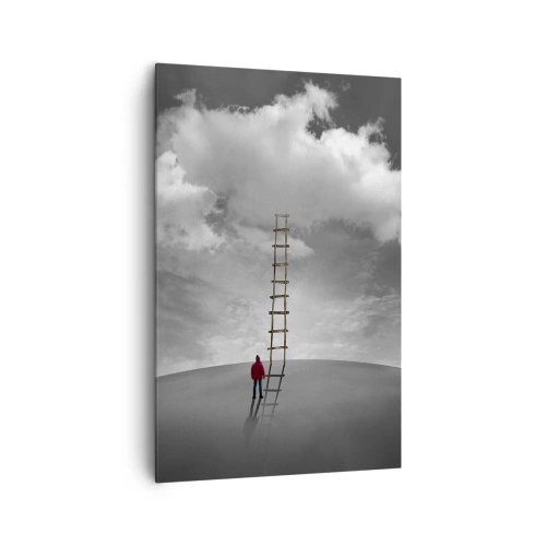 Cuadro sobre lienzo - Impresión de Imagen - Una persona con un abrigo rojo y una escalera que conduce a una nube. - 80x120cm - Todo es posible - Decoración de pared moderna para salón y dormitorio ARTTOR